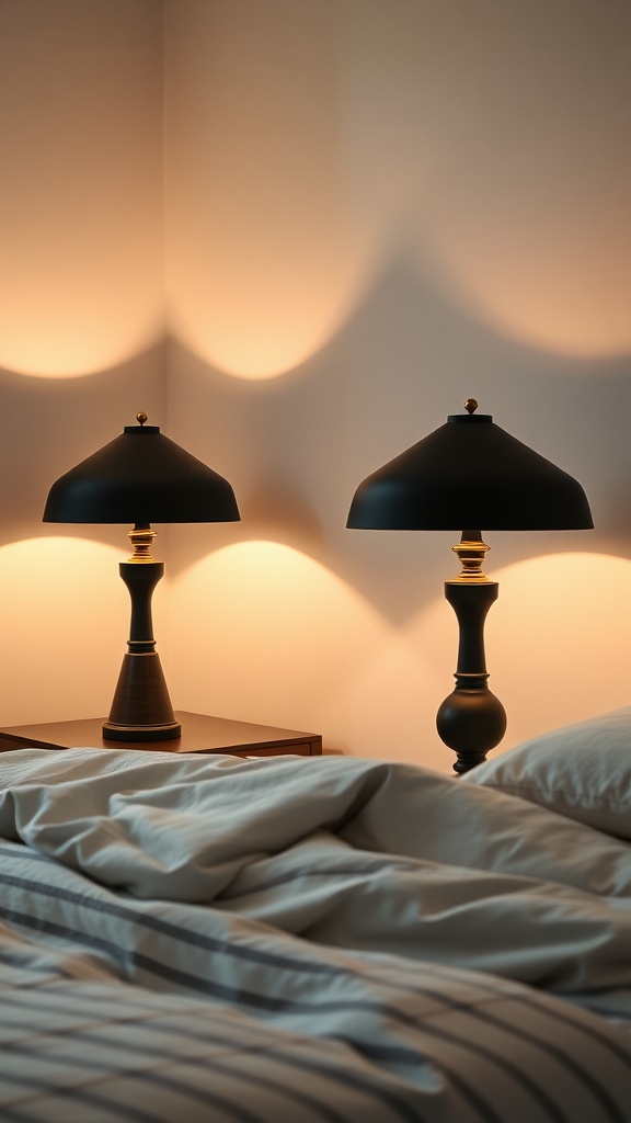 Two stylish black bedside lamps with gold accents illuminating a cozy bedroom setting