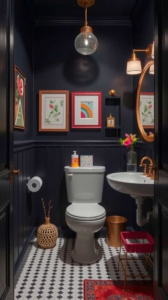 A stylish small dark bathroom with colorful accents and framed artwork.