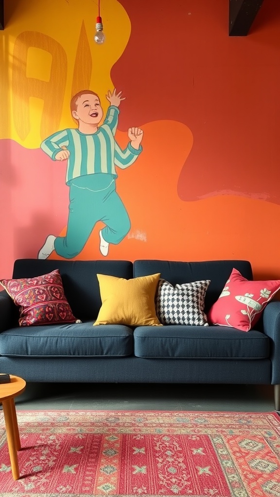 A dark gray couch adorned with colorful pillows in front of a vibrant mural featuring a playful character.