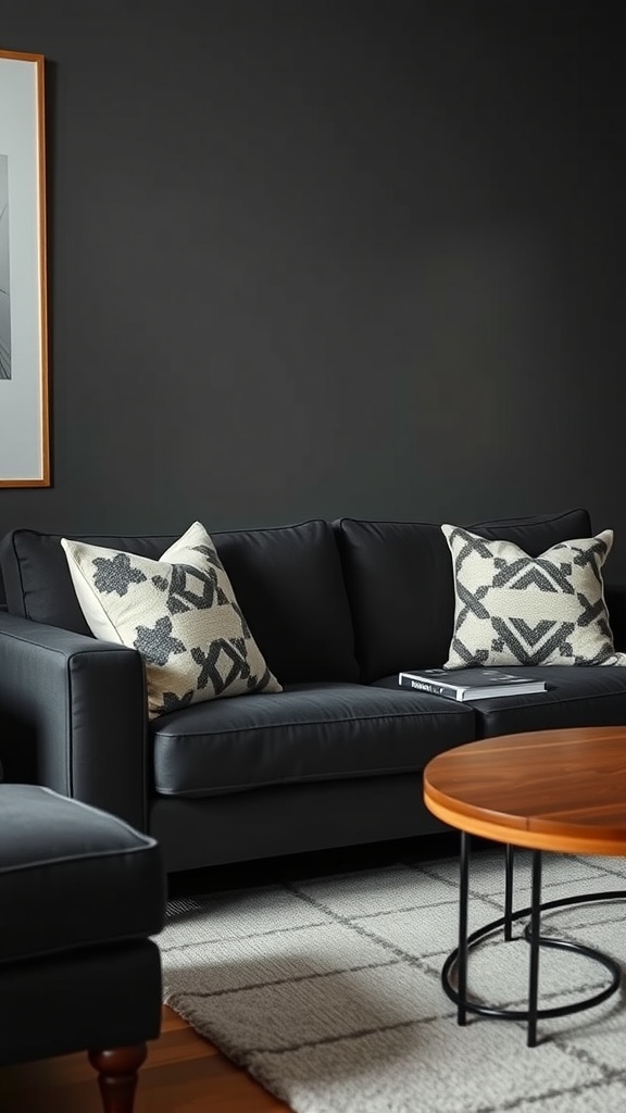 A dark gray couch adorned with bold geometric patterned pillows, paired with a wooden coffee table and a light rug, set against a dark wall.