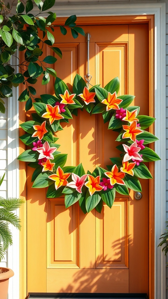 A colorful tropical leaf wreath with orange and pink flowers on a bright orange front door.