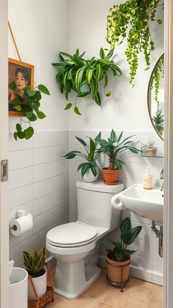 A small bathroom featuring various plants, a framed picture, and clean bathroom fixtures