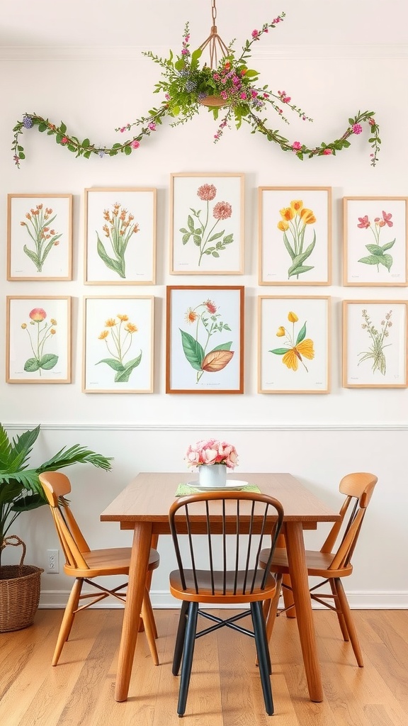 A cozy dining area with botanical wall decor featuring floral illustrations and hanging greenery.