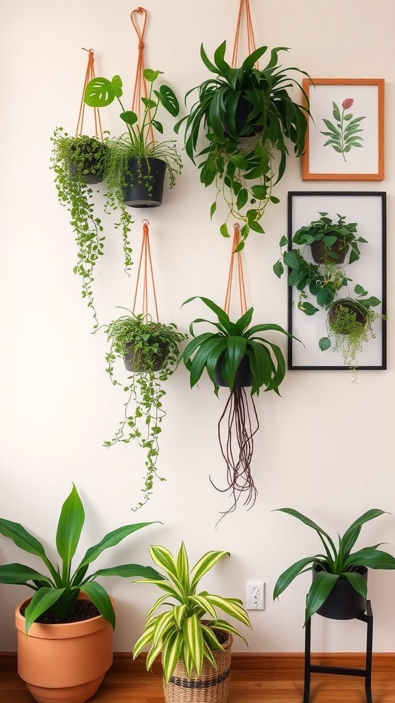 Living room with botanical wall hangings featuring various green plants