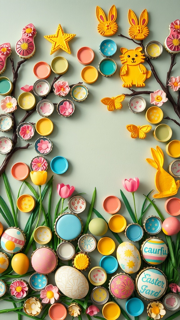 Colorful bottle cap art representing an Easter scene with flowers, bunnies, and eggs.