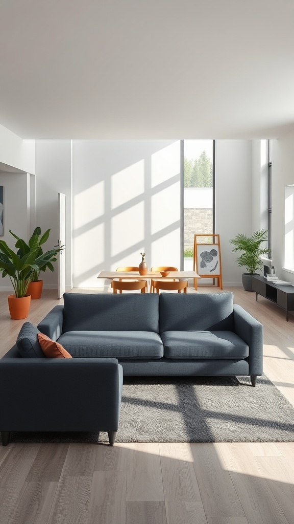 A bright living room with a dark gray couch, large windows, and a dining area in the background.