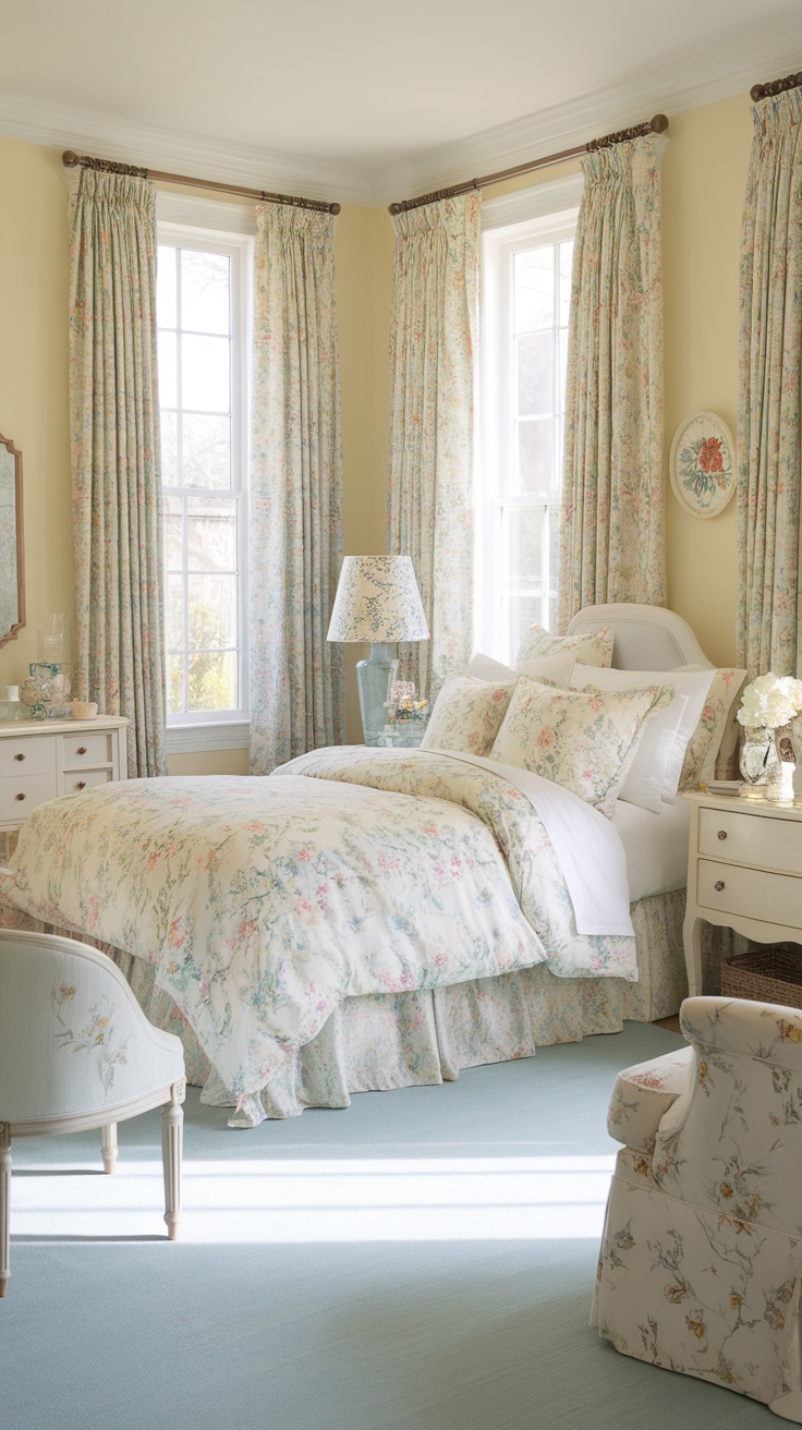 A bright and airy shabby chic bedroom with floral patterns and natural light.