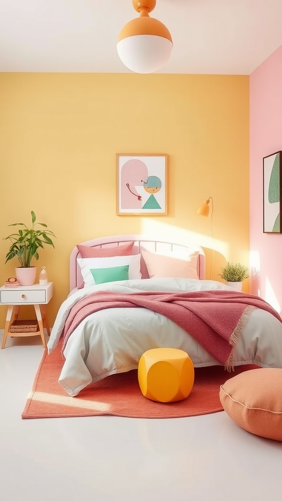 A bright and cheerful bedroom with yellow and pink walls, a cozy bed, and colorful decor.