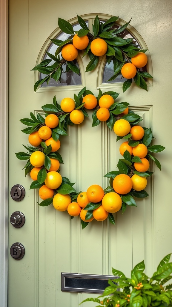 A bright citrus wreath made of oranges and green leaves on a front door.