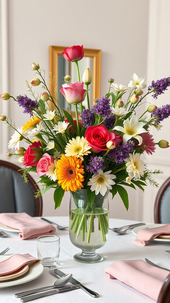 Bright floral centerpiece with roses, daisies, and gerbera daisies in a glass vase on a dining table.