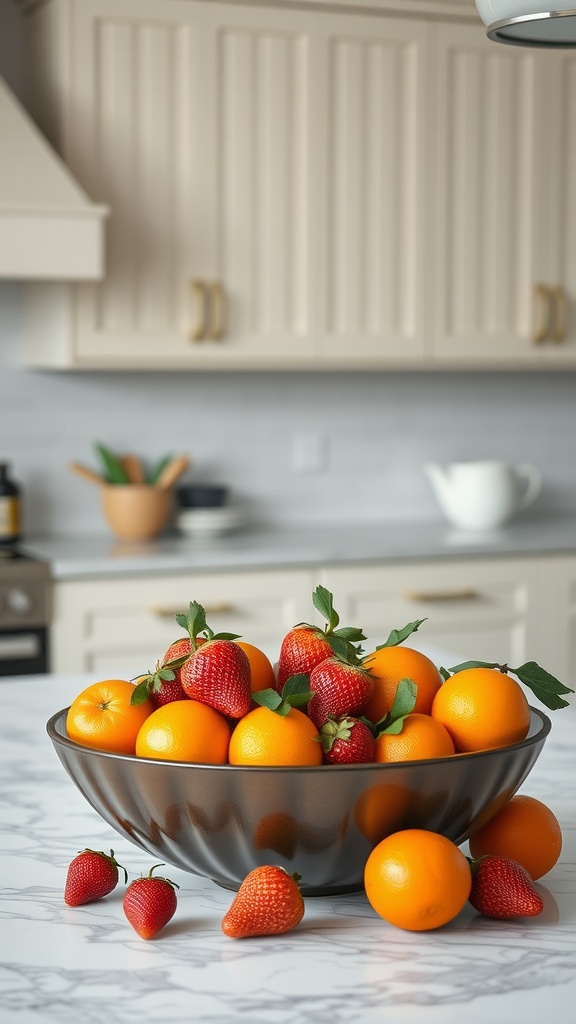 A colorful bowl filled with oranges and strawberries on a kitchen island.