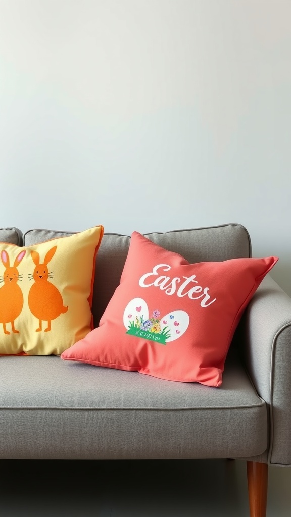 Two bright throw pillows on a sofa, one with bunnies and one with Easter design.