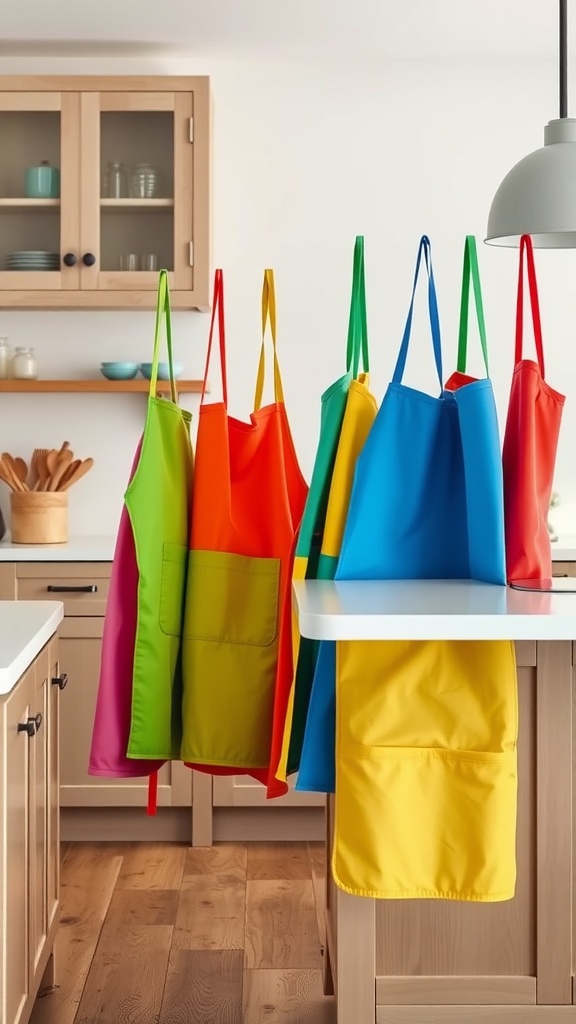 A collection of brightly colored aprons hanging in a modern kitchen.