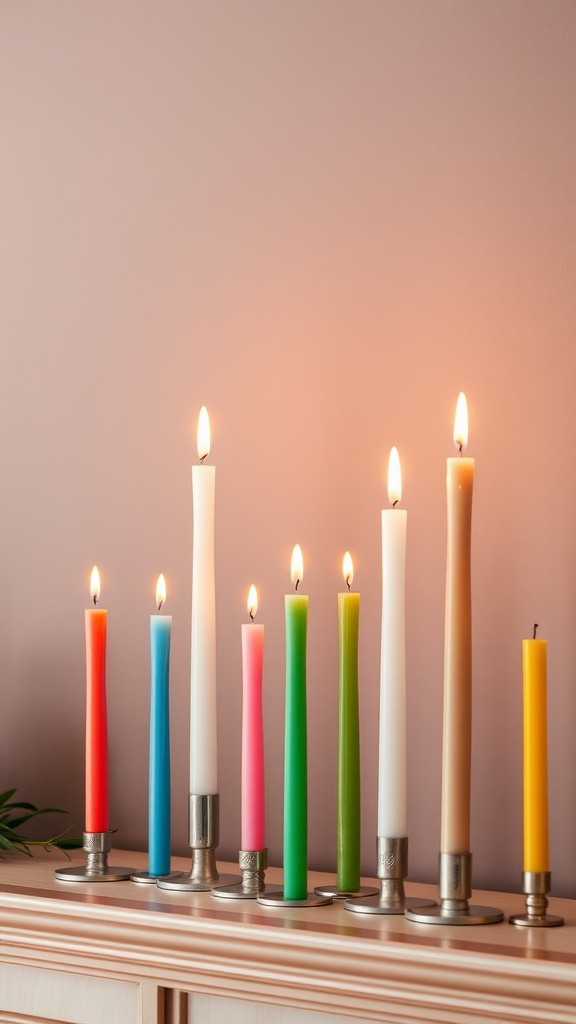 A collection of brightly colored candles in various heights on a mantel