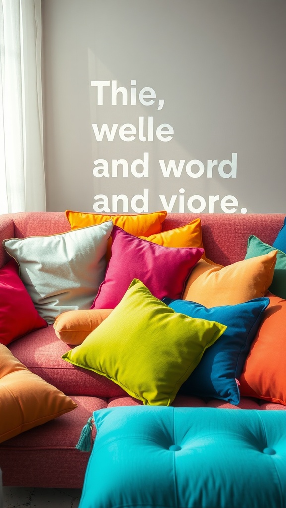 A colorful array of cushions on a sofa, showcasing vibrant pinks, yellows, greens, and blues.