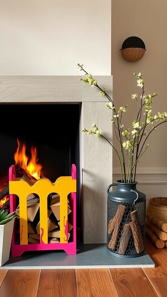 Brightly colored firewood holder in pink and yellow beside a fireplace with burning logs.