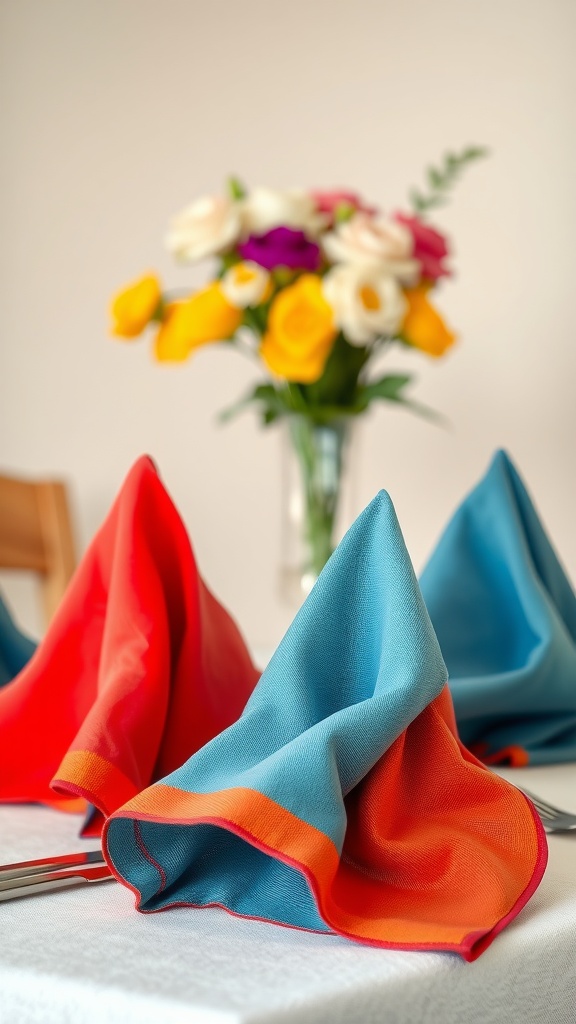 Brightly colored napkins in red, blue, and orange on a dining table with a vase of flowers in the background.