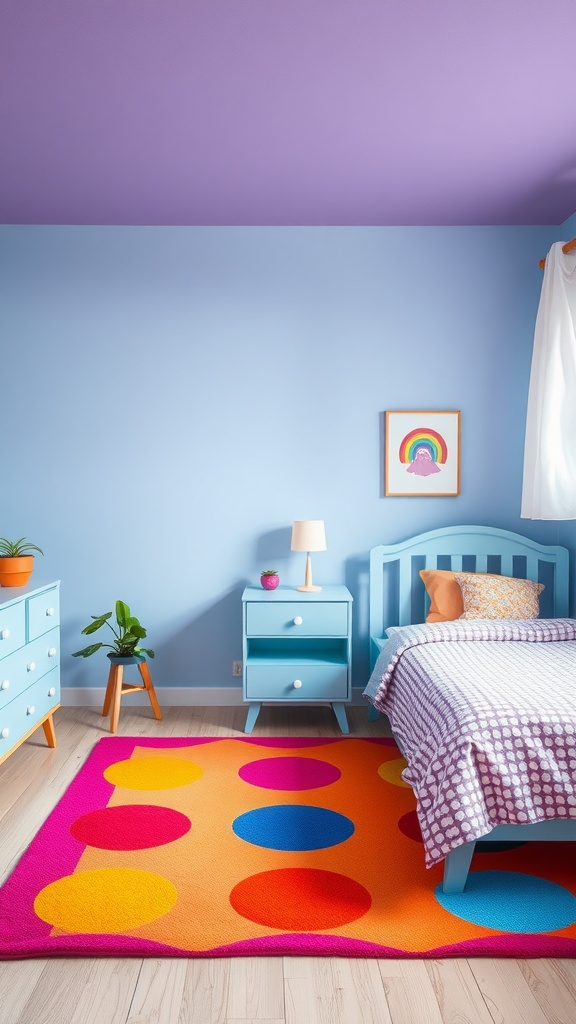 A colorful rug with circles in an inviting bedroom setting