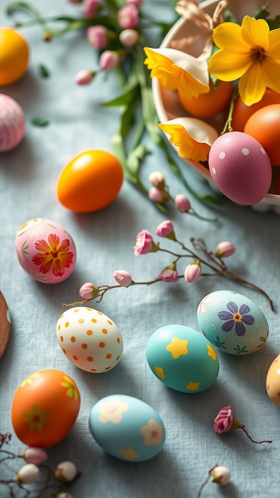 Colorful painted eggs surrounded by flowers on a light blue cloth