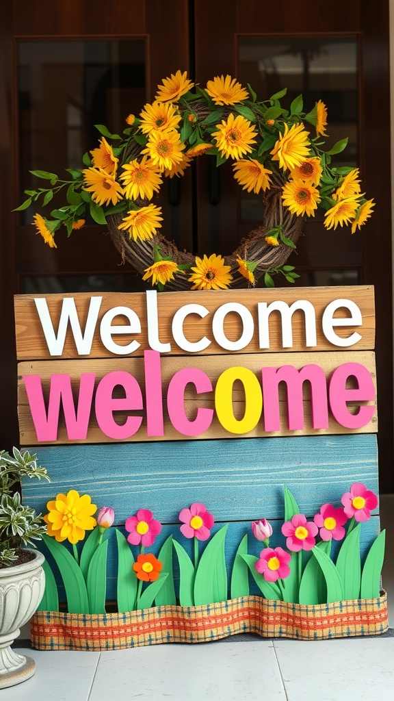 A bright and colorful welcome sign with flowers and grass elements, perfect for spring decor.