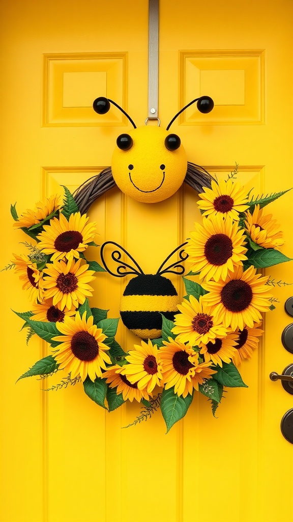 A bumblebee and sunflower wreath on a yellow front door.