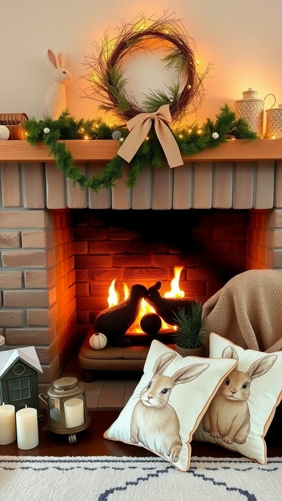 Cozy fireplace decorated with bunny-themed pillows and Easter decorations