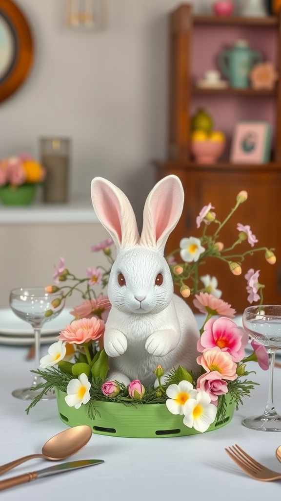 Bunny-themed spring table centerpiece with flowers