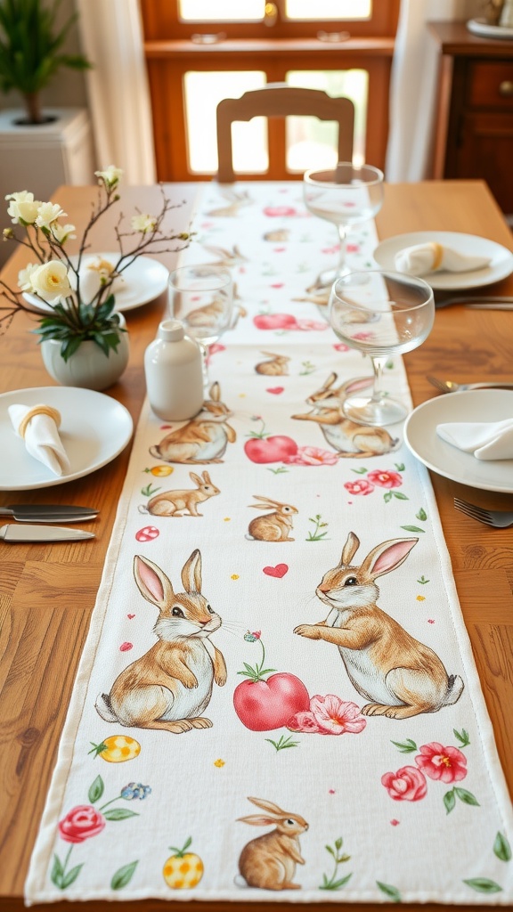 A bunny-themed table runner with illustrations of rabbits and flowers on a wooden table set for Easter