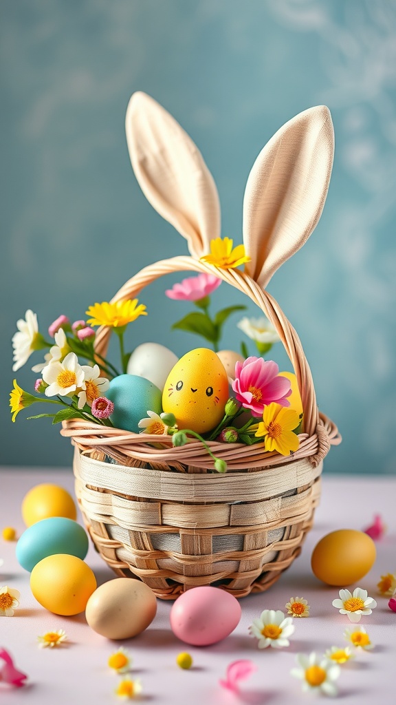 A woven basket with bunny ears filled with colorful eggs and flowers, surrounded by more eggs and flowers.