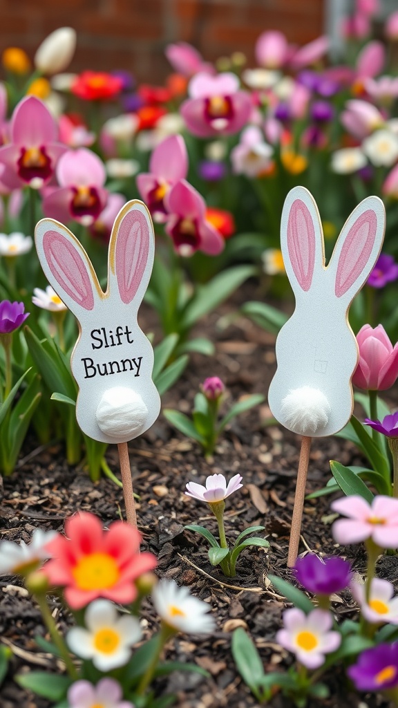 Cute garden stakes shaped like bunny butts among colorful flowers in a garden.