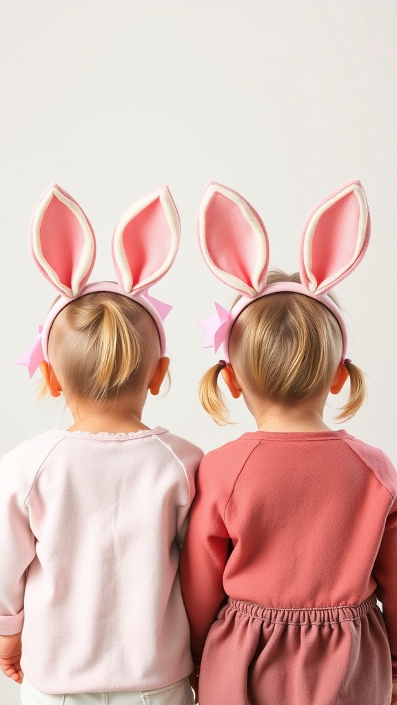 Two toddlers wearing pink bunny ear headbands, seen from the back.