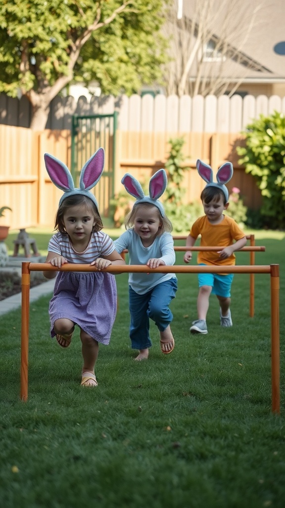 Children in a backyard wearing bunny ears, participating in an obstacle course.