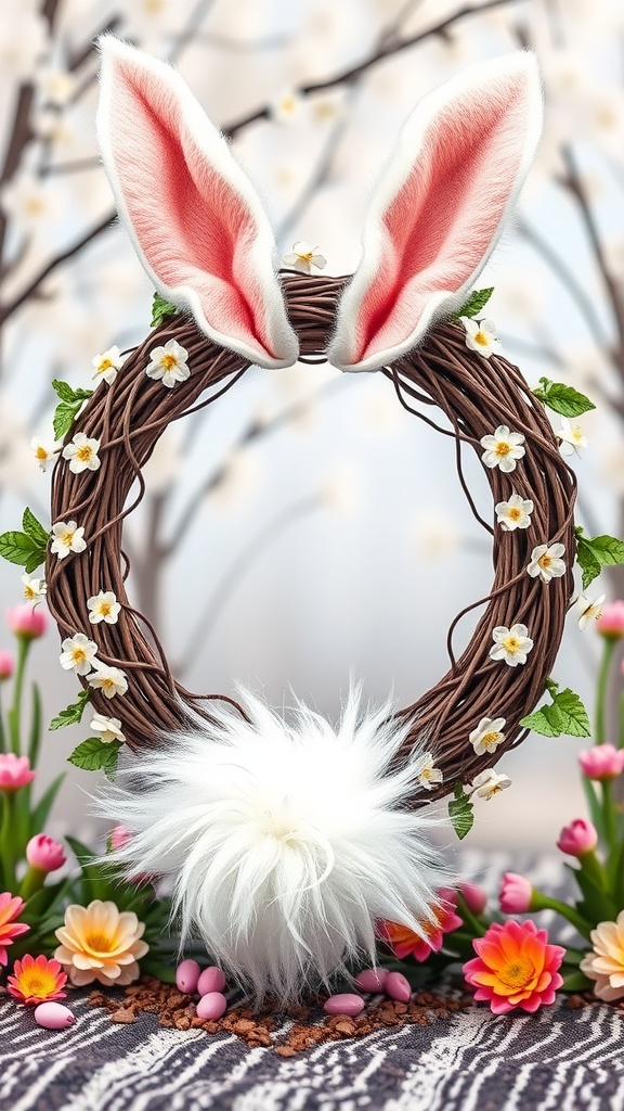 A decorative wreath with bunny ears and a fluffy tail, surrounded by flowers.