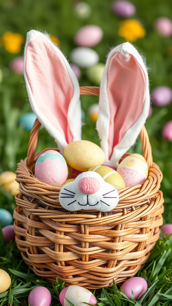 A wicker basket with bunny ears filled with colorful Easter eggs, set in a grassy outdoor environment.