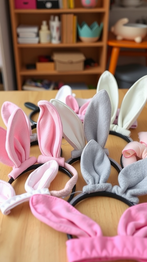 A collection of colorful bunny ears headbands on a wooden table