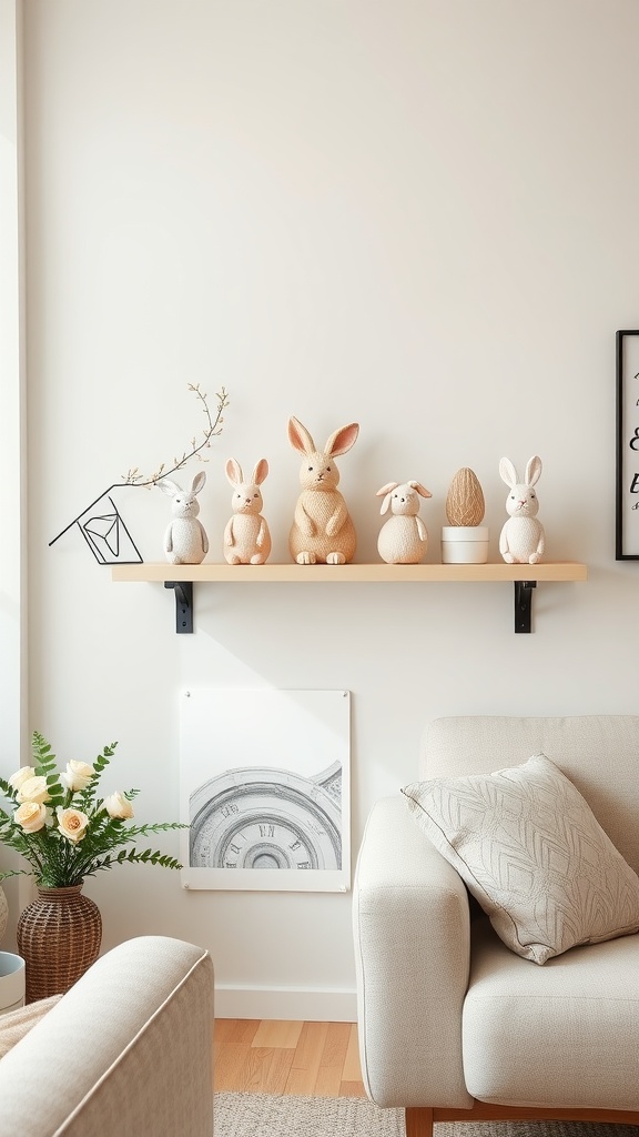 A collection of bunny figurines on a shelf, surrounded by flowers and cozy living room decor.