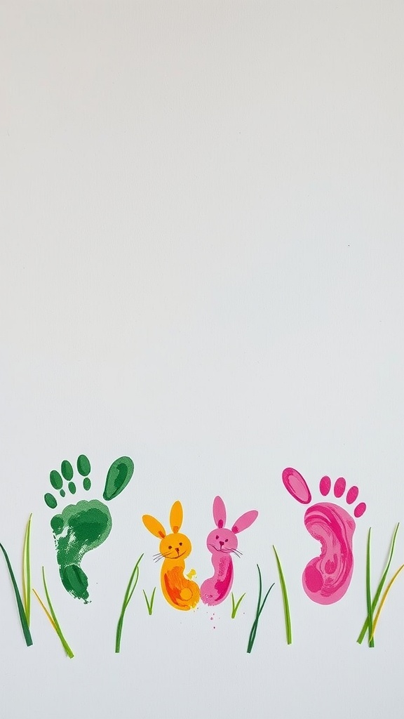 Colorful bunny footprint art with green, pink, and yellow footprints and grass