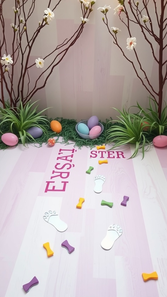 A creative setup featuring bunny footprints on a light pink floor, surrounded by decorative elements like colorful eggs and flowers.