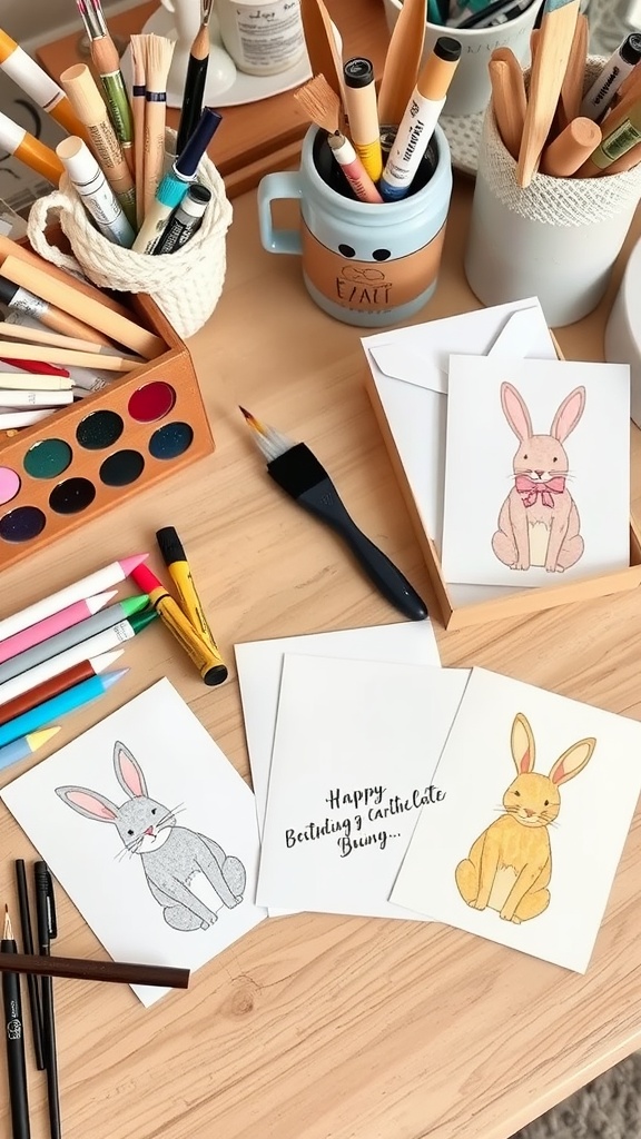 A collection of bunny greeting cards on a wooden table surrounded by art supplies.