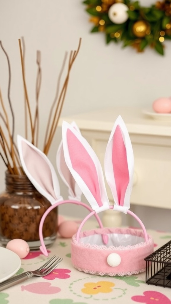 Two bunny headbands displayed on a table with decorative elements.