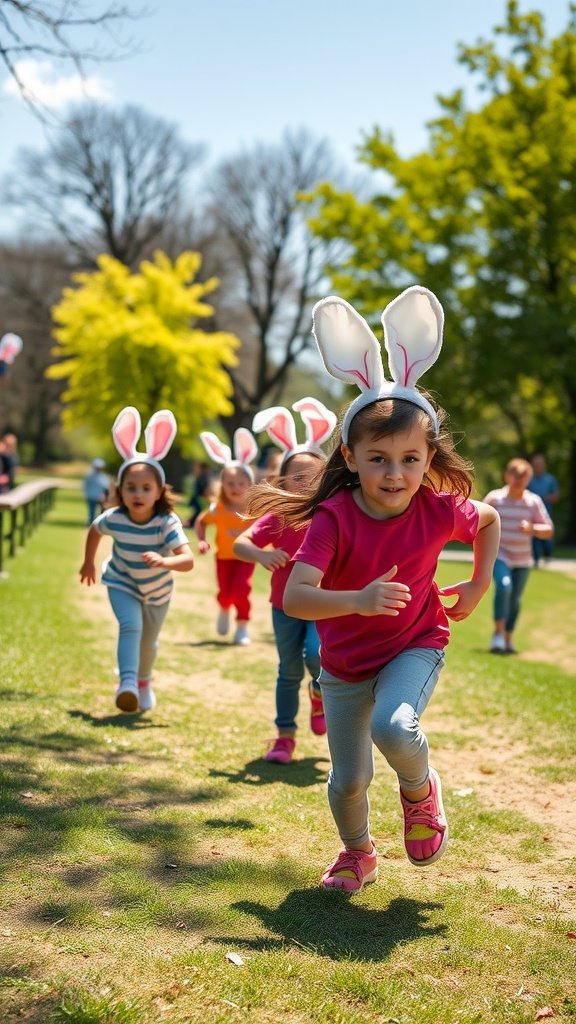 Children wearing bunny ears racing in a park during a Bunny Hop Relay Race.