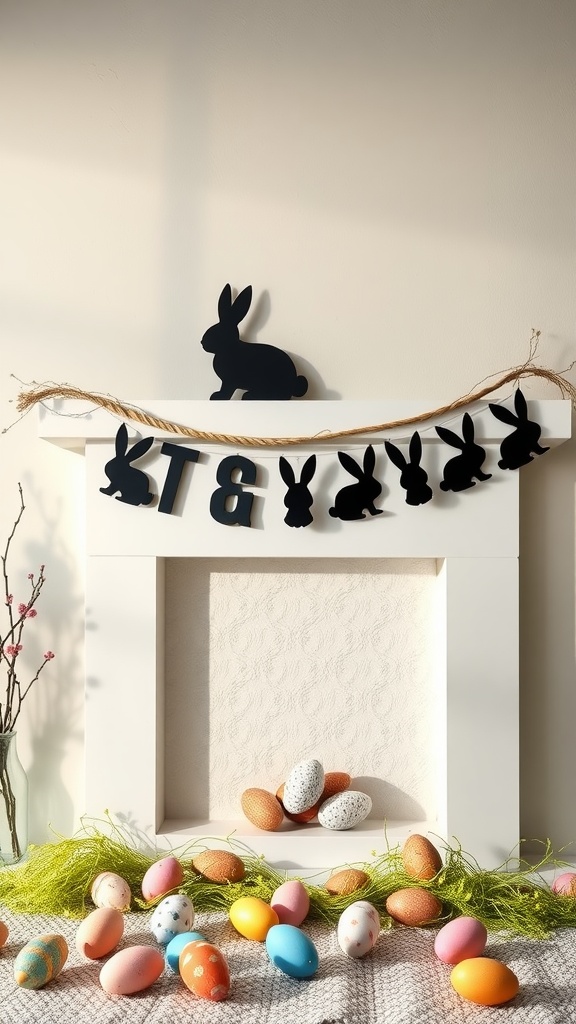 A mantel decorated with a bunny silhouette garland and colorful Easter eggs.