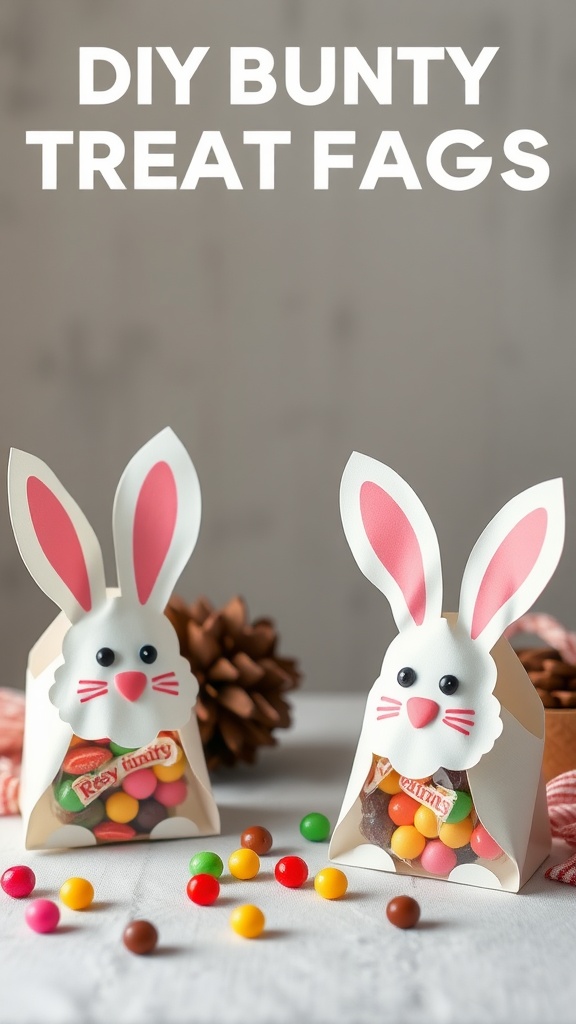 Two DIY bunny treat bags filled with colorful candies, surrounded by more candies.