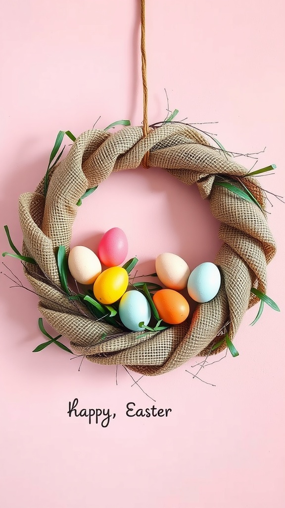 A burlap wreath decorated with colorful Easter eggs and green accents, hanging against a pink background with the text 'happy, Easter' below it.