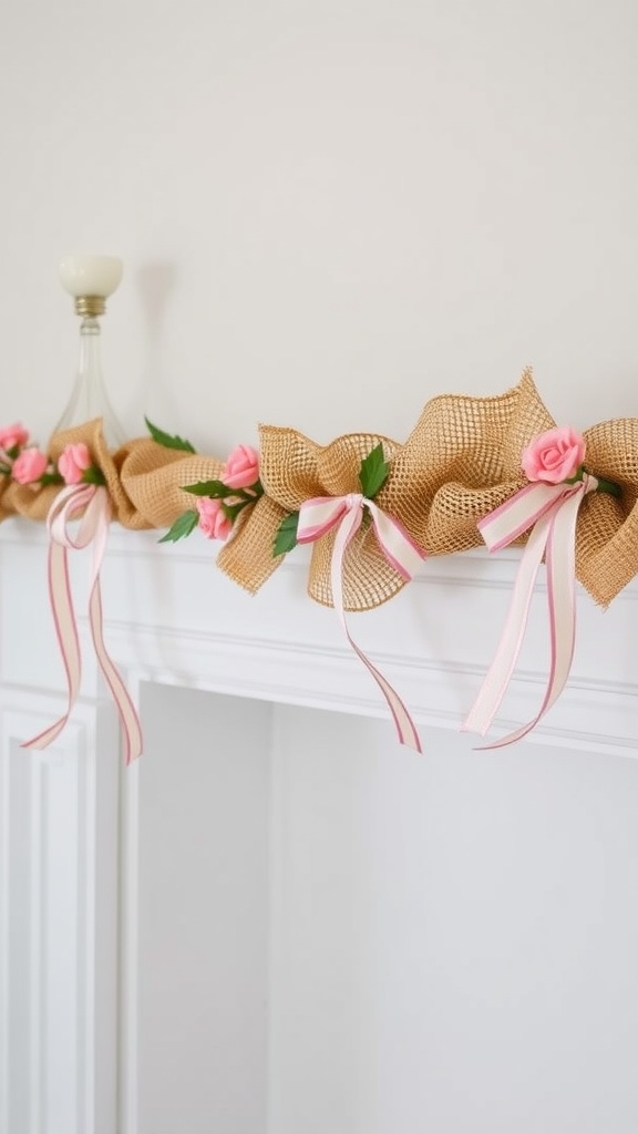 A burlap and ribbon garland with pink roses draped over a white mantel.