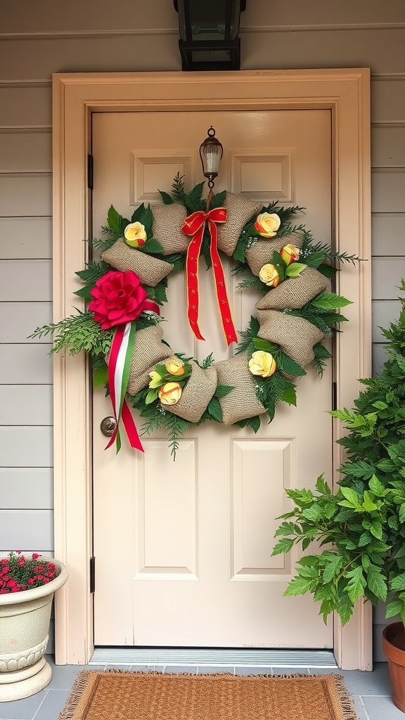 A burlap and ribbon wreath adorned with yellow roses and green foliage, hanging on a front door.