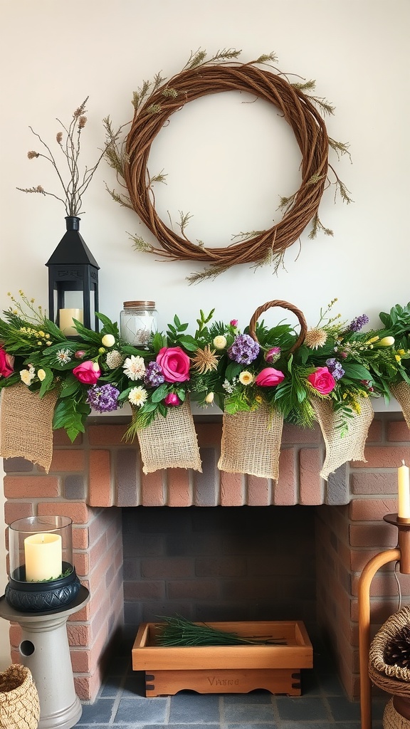 A mantle decorated with burlap garland and wildflowers, featuring a rustic wreath and lantern