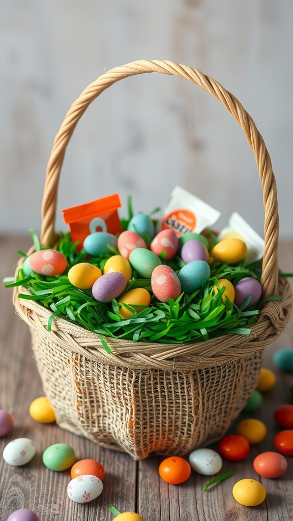 A burlap basket filled with colorful Easter eggs and green grass, surrounded by scattered eggs.