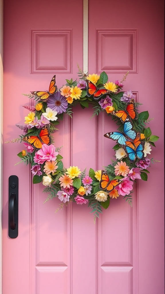 A colorful butterfly and floral wreath hanging on a pink door