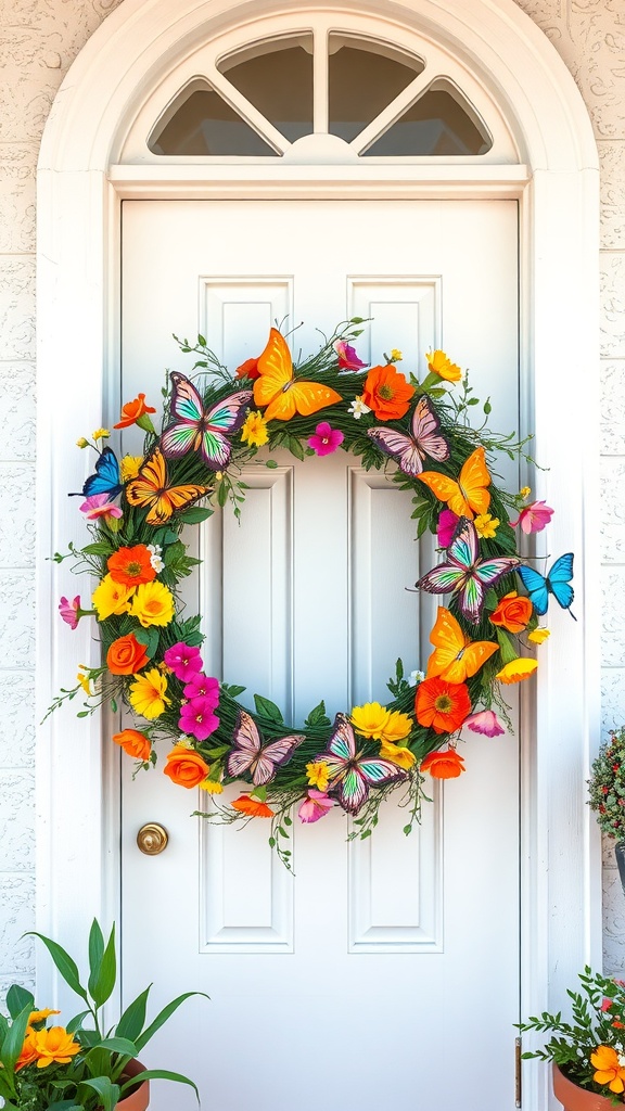 Colorful butterfly garden wreath with flowers on a white door